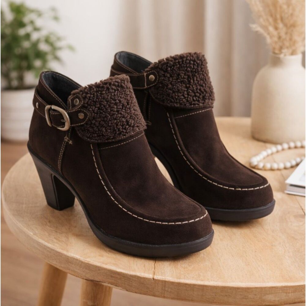 Jellypop Ankle Boots Chocolet Brown Suede Sherpa Trim EUC Womens 9.5 M
